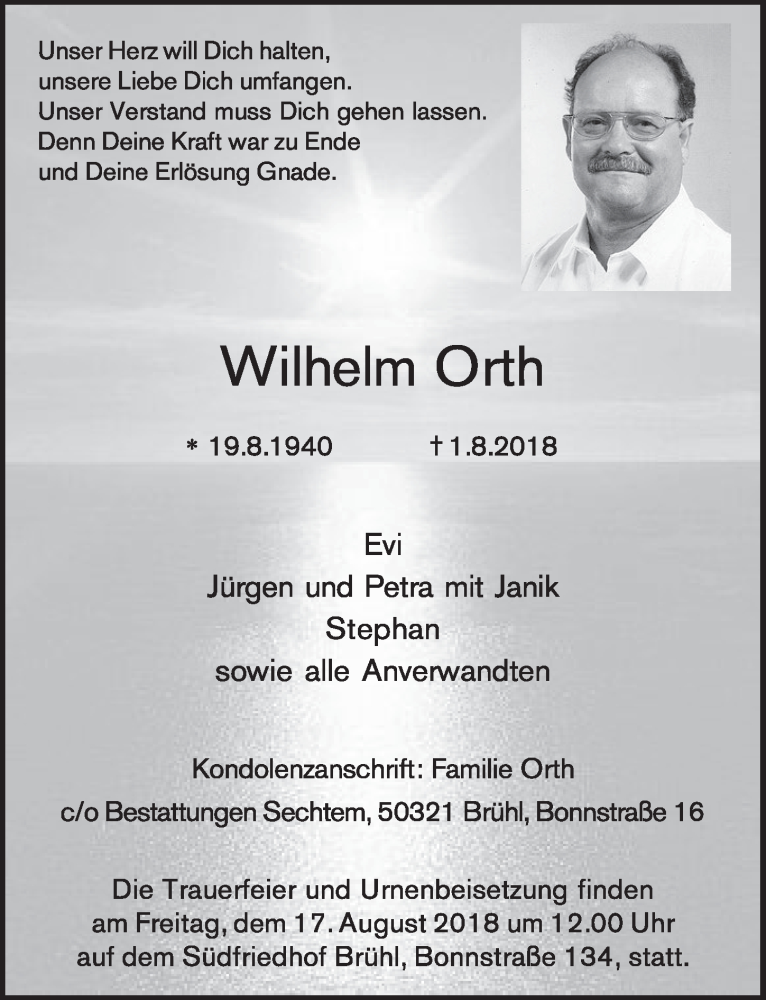  Traueranzeige für Wilhelm Orth vom 08.08.2018 aus  Schlossbote/Werbekurier 