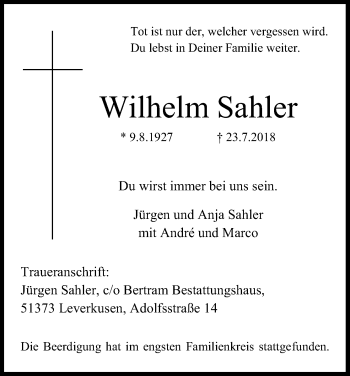 Anzeige von Wilhelm Sahler von Kölner Stadt-Anzeiger / Kölnische Rundschau / Express