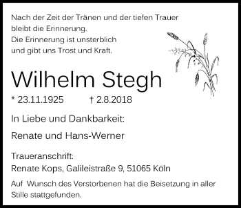 Anzeige von Wilhelm Stegh von Kölner Stadt-Anzeiger / Kölnische Rundschau / Express