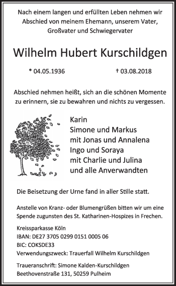 Anzeige von Wilhelm Hubert Kurschildgen von  Sonntags-Post 