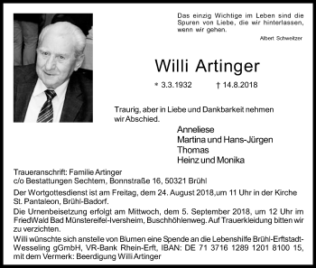 Anzeige von Wille Artinger von Kölner Stadt-Anzeiger / Kölnische Rundschau / Express