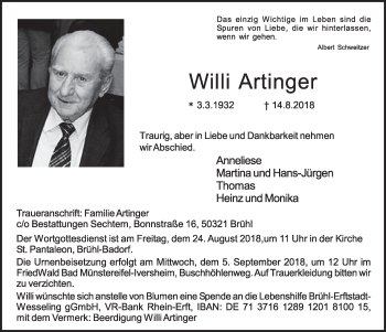 Anzeige von Willi Artinger von  Schlossbote/Werbekurier 