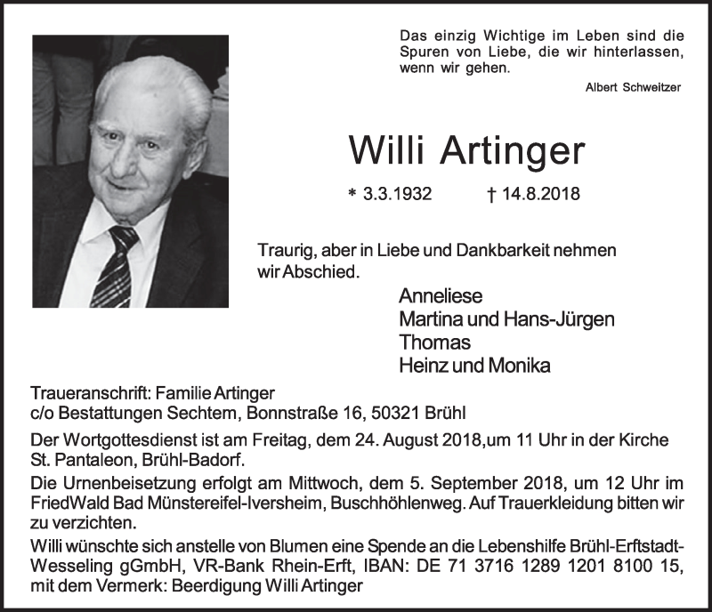 Traueranzeige für Willi Artinger vom 22.08.2018 aus  Schlossbote/Werbekurier 
