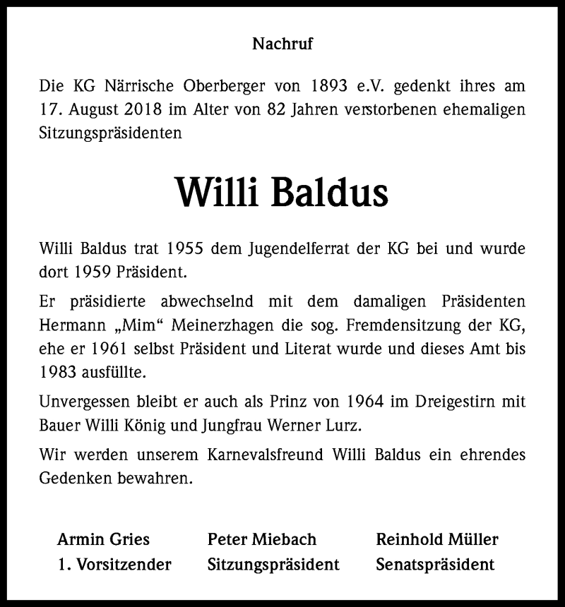  Traueranzeige für Willi Baldus vom 01.09.2018 aus Kölner Stadt-Anzeiger / Kölnische Rundschau / Express