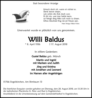 Anzeige von Willi Baldus von Kölner Stadt-Anzeiger / Kölnische Rundschau / Express