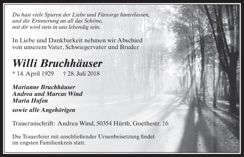  Traueranzeige für Willi Bruchhäuser vom 08.08.2018 aus  Wochenende 