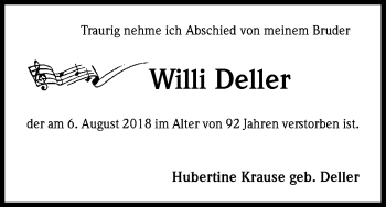 Anzeige von Willi Deller von Kölner Stadt-Anzeiger / Kölnische Rundschau / Express