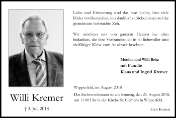 Anzeige von Willi Kremer von Kölner Stadt-Anzeiger / Kölnische Rundschau / Express