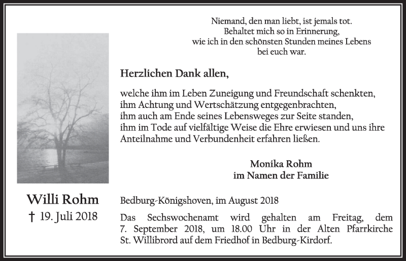  Traueranzeige für Willi Rohm vom 01.09.2018 aus  Sonntags-Post 