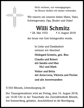 Anzeige von Willi Schmitz von Kölner Stadt-Anzeiger / Kölnische Rundschau / Express