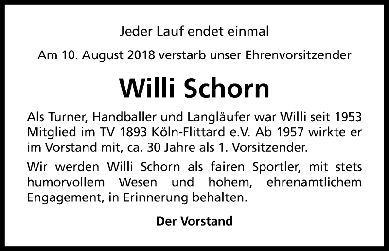  Traueranzeige für Willi Schorn vom 01.09.2018 aus Kölner Stadt-Anzeiger / Kölnische Rundschau / Express
