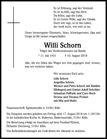 Anzeige von Willi Schorn von Kölner Stadt-Anzeiger / Kölnische Rundschau / Express