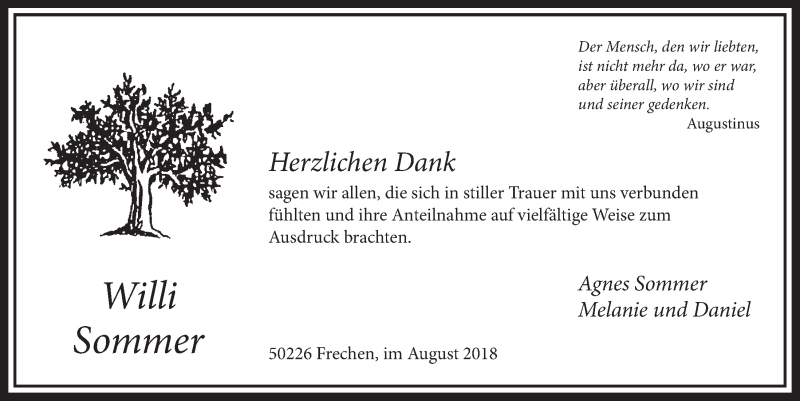  Traueranzeige für Willi Sommer vom 11.08.2018 aus  Sonntags-Post 