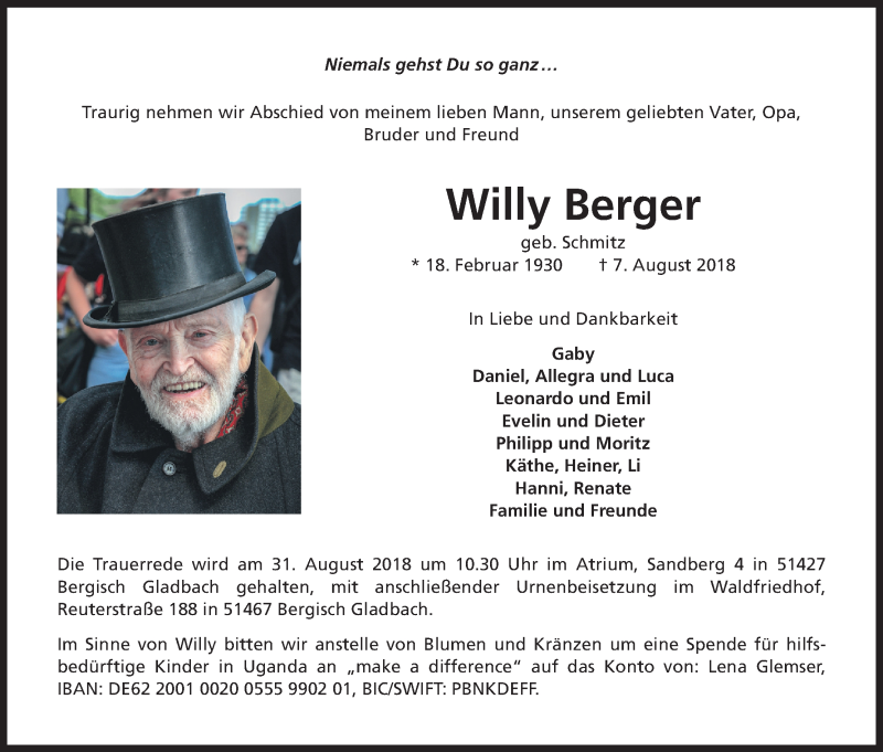  Traueranzeige für Willy Berger vom 25.08.2018 aus Kölner Stadt-Anzeiger / Kölnische Rundschau / Express