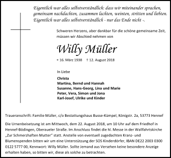 Anzeige von Willy Müller von Kölner Stadt-Anzeiger / Kölnische Rundschau / Express