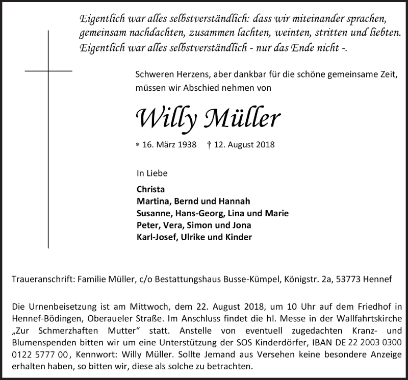  Traueranzeige für Willy Müller vom 18.08.2018 aus  Rhein-Sieg-Wochenende 