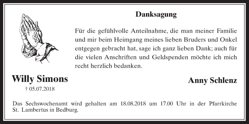  Traueranzeige für Willy Simons vom 15.08.2018 aus  Werbepost 