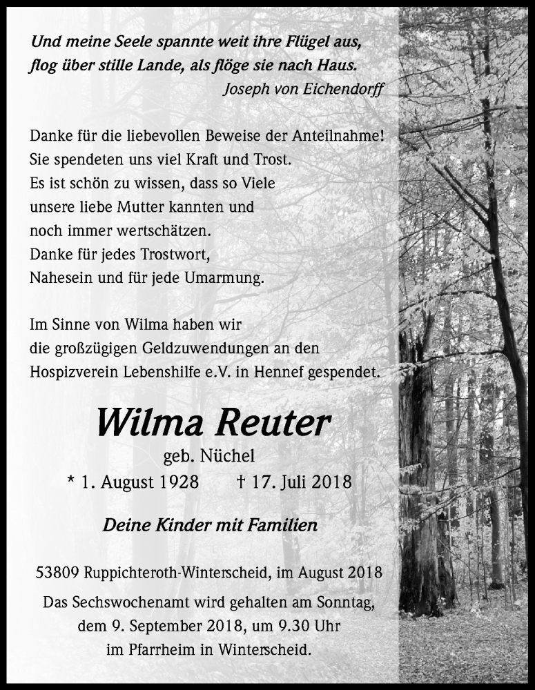  Traueranzeige für Wilma Reuter vom 24.08.2018 aus Kölner Stadt-Anzeiger / Kölnische Rundschau / Express