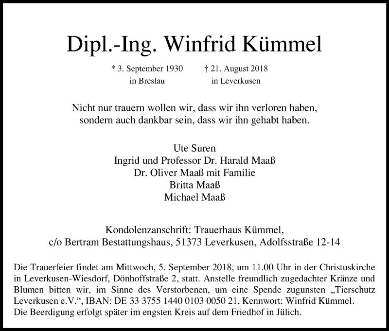  Traueranzeige für Winfrid Kümmel vom 01.09.2018 aus Kölner Stadt-Anzeiger / Kölnische Rundschau / Express