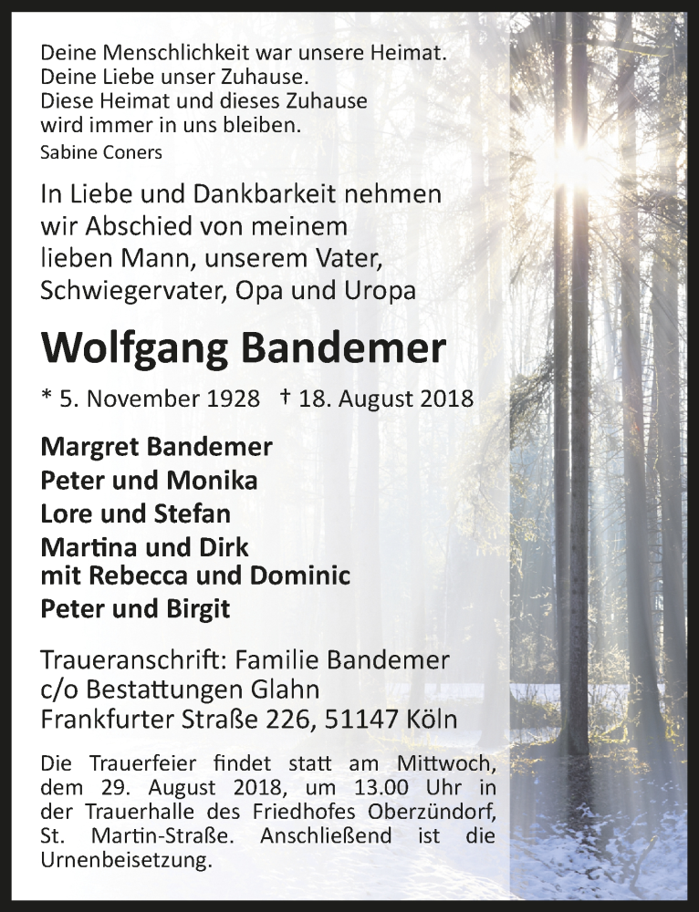  Traueranzeige für Wolfgang Bandemer vom 25.08.2018 aus 