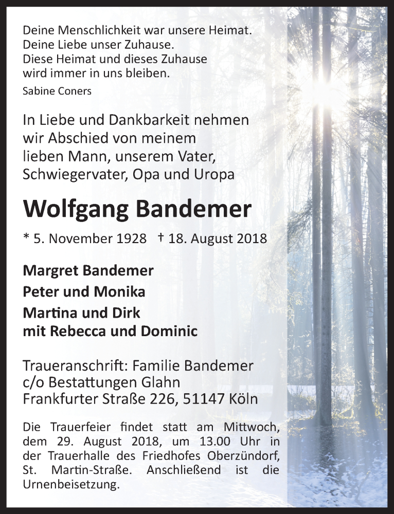 Traueranzeige für Wolfgang Bandemer vom 22.08.2018 aus  Kölner Wochenspiegel 