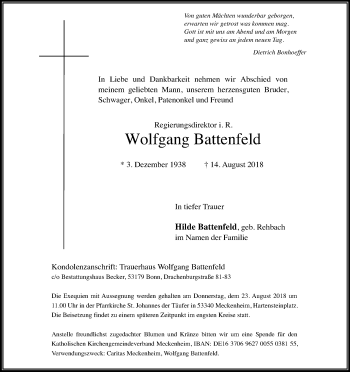 Anzeige von Wolfgang Battenfeld von Kölner Stadt-Anzeiger / Kölnische Rundschau / Express