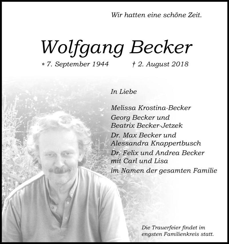  Traueranzeige für Wolfgang Becker vom 25.08.2018 aus Kölner Stadt-Anzeiger / Kölnische Rundschau / Express