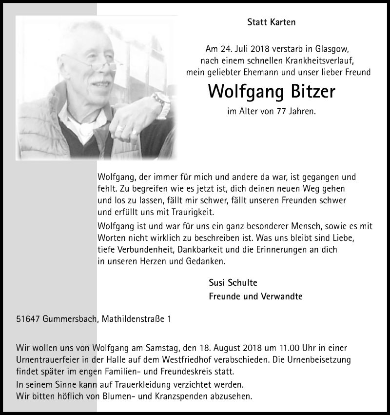  Traueranzeige für Wolfgang Bitzer vom 11.08.2018 aus Kölner Stadt-Anzeiger / Kölnische Rundschau / Express