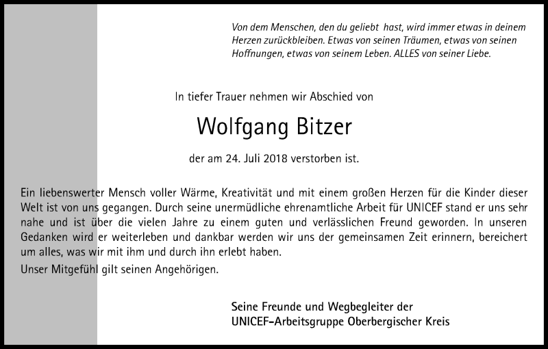  Traueranzeige für Wolfgang Bitzer vom 11.08.2018 aus Kölner Stadt-Anzeiger / Kölnische Rundschau / Express