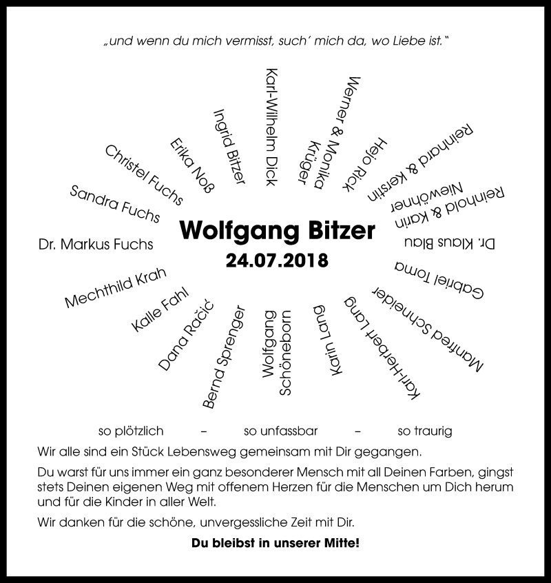  Traueranzeige für Wolfgang Bitzer vom 17.08.2018 aus Kölner Stadt-Anzeiger / Kölnische Rundschau / Express