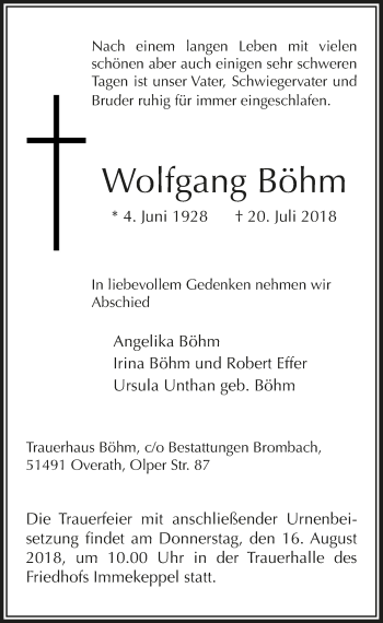 Anzeige von Wolfgang Böhm von  Bergisches Handelsblatt 