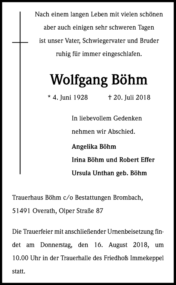  Traueranzeige für Wolfgang Böhm vom 11.08.2018 aus Kölner Stadt-Anzeiger / Kölnische Rundschau / Express