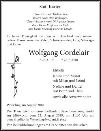 Anzeige von Wolfgang Cordelair von  Schlossbote/Werbekurier 