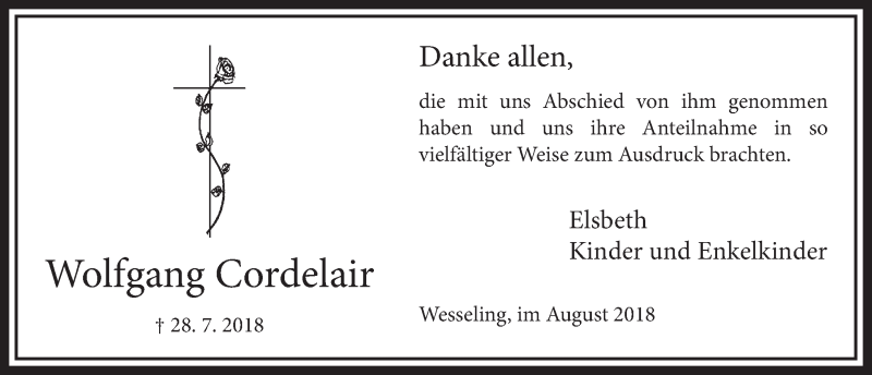  Traueranzeige für Wolfgang Cordelair vom 29.08.2018 aus  Schlossbote/Werbekurier 