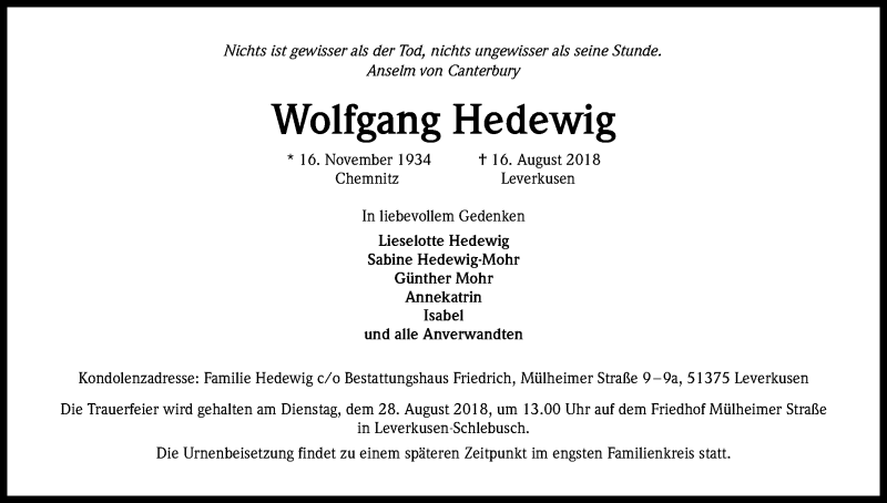  Traueranzeige für Wolfgang Hedewig vom 18.08.2018 aus Kölner Stadt-Anzeiger / Kölnische Rundschau / Express
