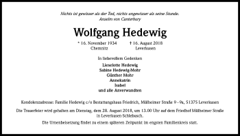 Anzeige von Wolfgang Hedewig von Kölner Stadt-Anzeiger / Kölnische Rundschau / Express