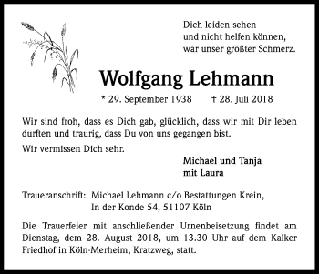 Anzeige von Wolfgang Lehmann von Kölner Stadt-Anzeiger / Kölnische Rundschau / Express