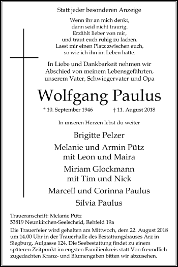 Anzeige von Wolfgang Paulus von Kölner Stadt-Anzeiger / Kölnische Rundschau / Express