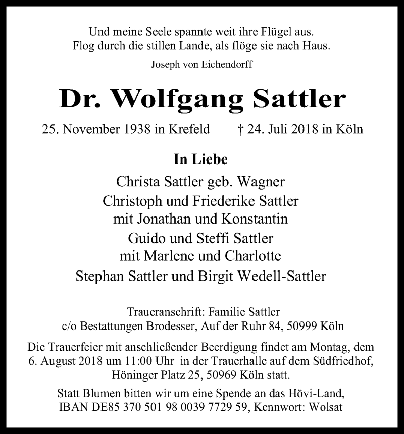  Traueranzeige für Wolfgang Sattler vom 04.08.2018 aus Kölner Stadt-Anzeiger / Kölnische Rundschau / Express