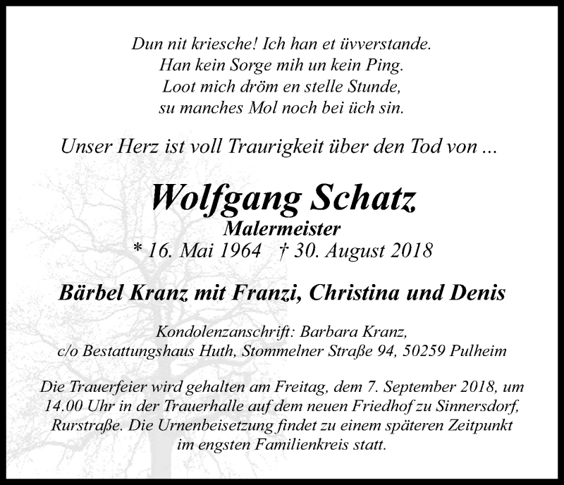  Traueranzeige für Wolfgang Schatz vom 01.09.2018 aus Kölner Stadt-Anzeiger / Kölnische Rundschau / Express