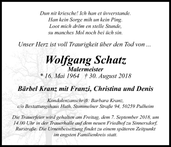 Anzeige von Wolfgang Schatz von Kölner Stadt-Anzeiger / Kölnische Rundschau / Express