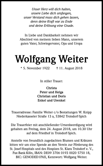 Anzeige von Wolfgang Weiter von Kölner Stadt-Anzeiger / Kölnische Rundschau / Express