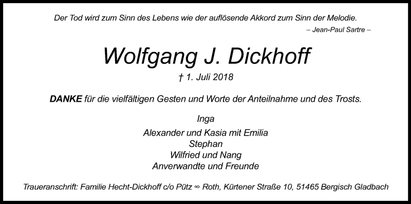  Traueranzeige für Wolfgang J. Dickhoff vom 25.08.2018 aus Kölner Stadt-Anzeiger / Kölnische Rundschau / Express