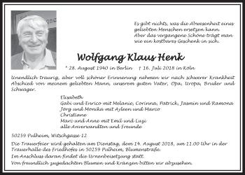 Anzeige von Wolfgang Klaus Henk von  Sonntags-Post 