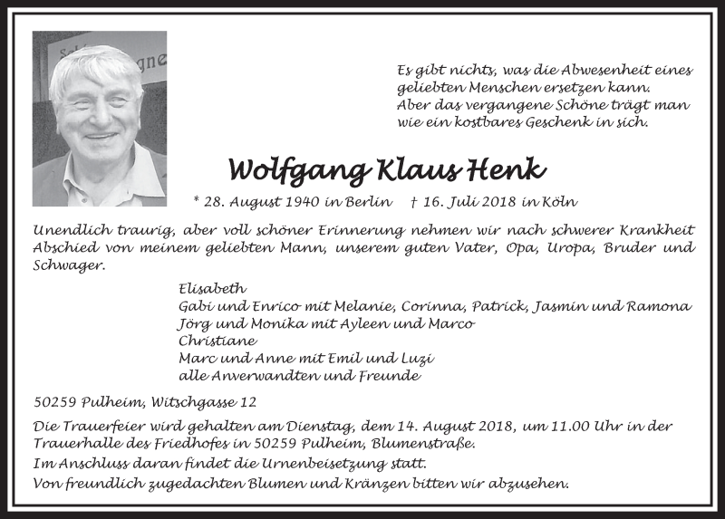  Traueranzeige für Wolfgang Klaus Henk vom 04.08.2018 aus  Sonntags-Post 