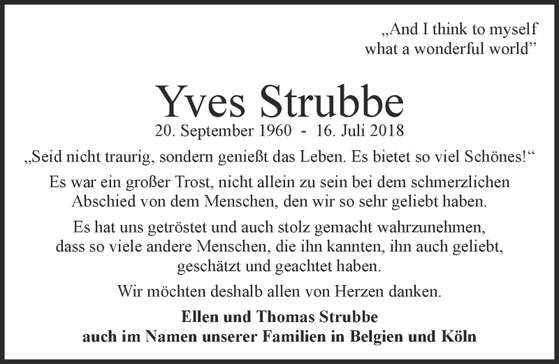  Traueranzeige für Yves Strubbe vom 08.08.2018 aus  Kölner Wochenspiegel 