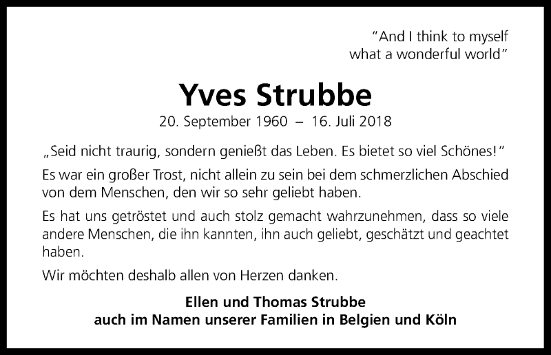  Traueranzeige für Yves Strubbe vom 11.08.2018 aus Kölner Stadt-Anzeiger / Kölnische Rundschau / Express