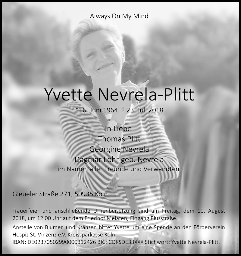  Traueranzeige für Yvette Nevrela-Plitt vom 04.08.2018 aus Kölner Stadt-Anzeiger / Kölnische Rundschau / Express