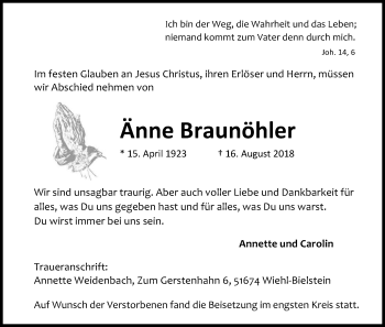 Anzeige von Änne Braunöhler von Kölner Stadt-Anzeiger / Kölnische Rundschau / Express