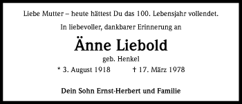 Anzeige von Änne Liebold von Kölner Stadt-Anzeiger / Kölnische Rundschau / Express
